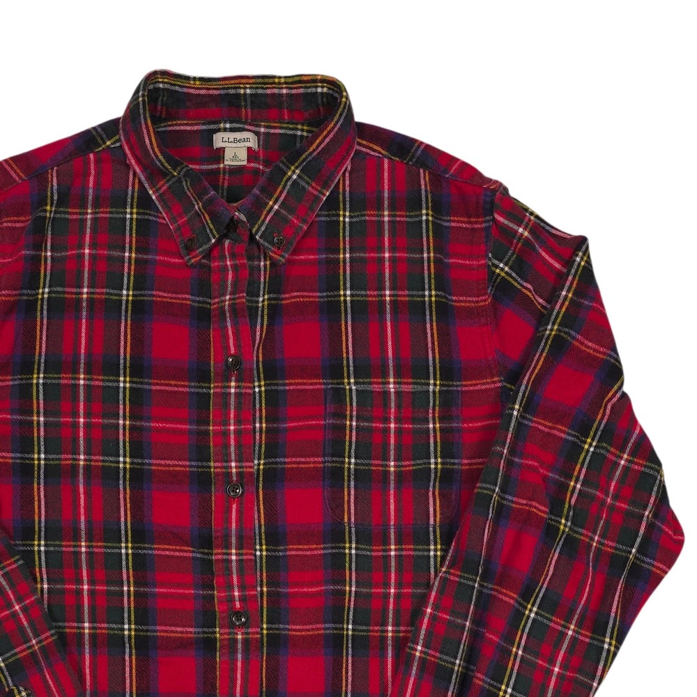 LL Bean Mens Red Plaid Flannel Button Down Shirt Large Regular